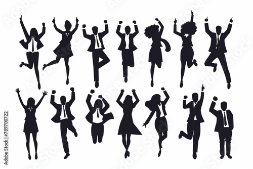 Set of happy business people celebrating victory or success. The concept of joy. Men and women are excited vector icon  white background  black colour icon