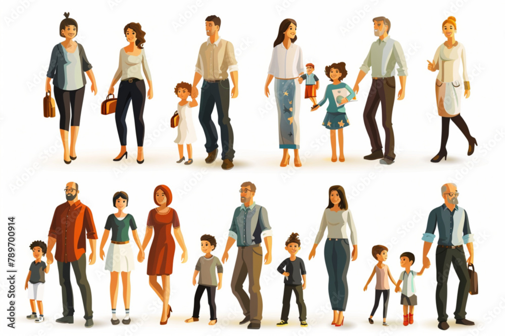 Set of family portraits. Walking outdoors in the park. Couple, father and son, mother and daughter, and all together. Vector illustration 3D avatars set vector icon, white background, black colour ico