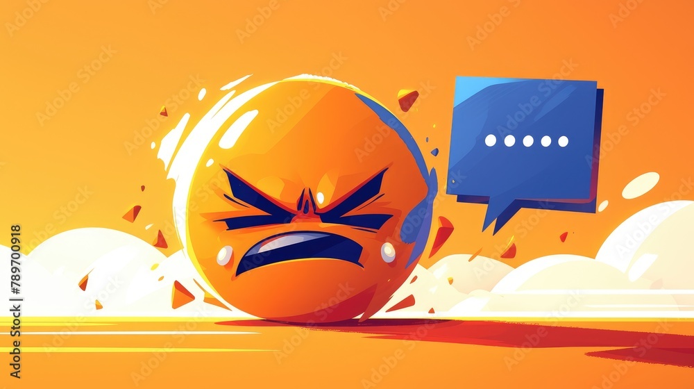 A cartoon illustration of a sad emoji character is expressing frustration with a colorful speech bubble - obrazy, fototapety, plakaty 