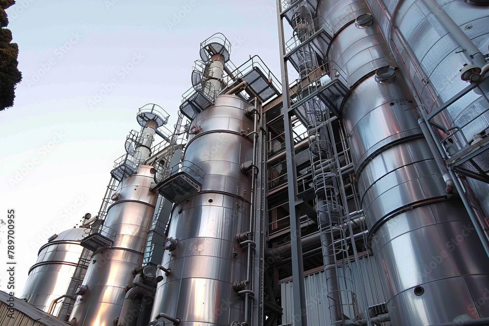 Industrial Plant, Chemical Factory, at Twilight with Metallic Structures Industrial Plant, Chemical Factory, at Twilight with Metallic Structures