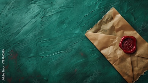 Old-fashioned wax-sealed envelope on textured green background