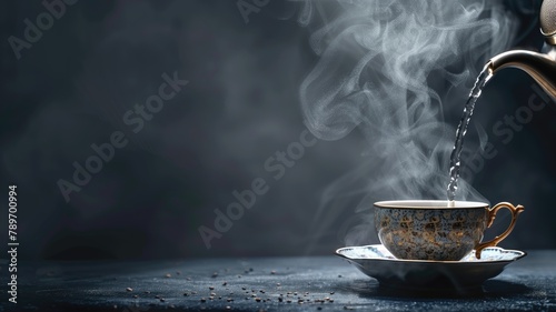 Hot tea being poured into ornate cup, steam rising against dark background photo