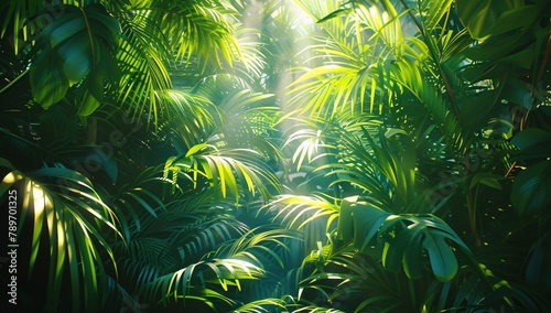 Lush tropical palms flourish under a canopy of soft sunlight, evoking a feeling of a peaceful, verdant oasis. photo