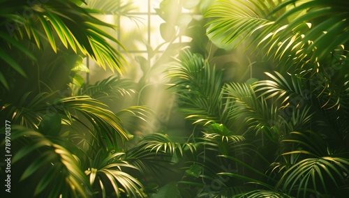 Beams of light pierce through the thick green foliage of palms  highlighting the intricate patterns of leaves.