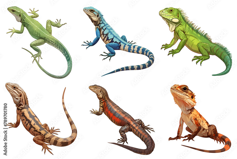 Fototapeta premium Collection of colorful reptiles on transparent background. Tropical lizards and iguanas clip art. Set of exotic pets character design. Cut out colorful elements for design.