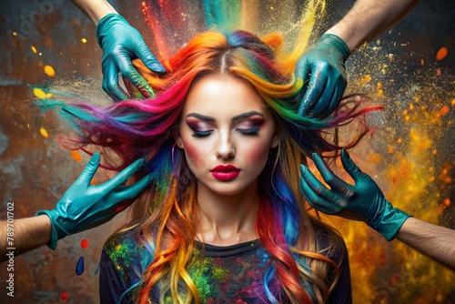 A creative banner for a beauty salon or barbershop. Fashionable professional hair coloring. A beautiful woman with long multicolored hair. An explosion of colors on the head.