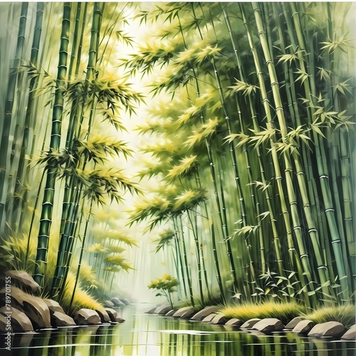 Bambo forest natural nature painting beautiful charming landscape river forest generative ai