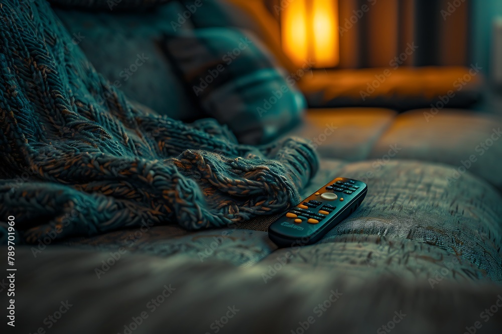 A remote control placed on a sofa. . - obrazy, fototapety, plakaty 