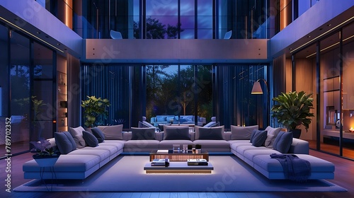 Modern living room interior with panoramic windows and sofas at night © Alia