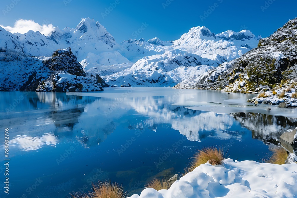 A tranquil lake surrounded by snow-capped peaks, its surface frozen in winter and dusted with a light layer of snow under a clear blue sky.