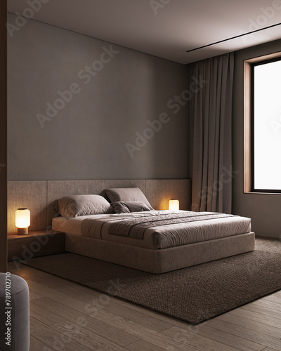Modern stylish bedroom interior, 3d render photo