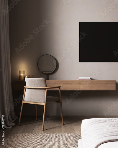 Table and chair near bed, modern hotel bedroom interior, 3d render photo