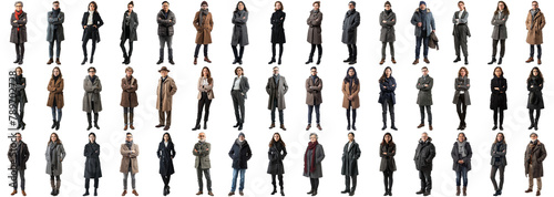 Many business people set on isolated background, winter formal business attire wear, full body length, networking mixed different diverse, happy male female, successful career, crisp edges style
