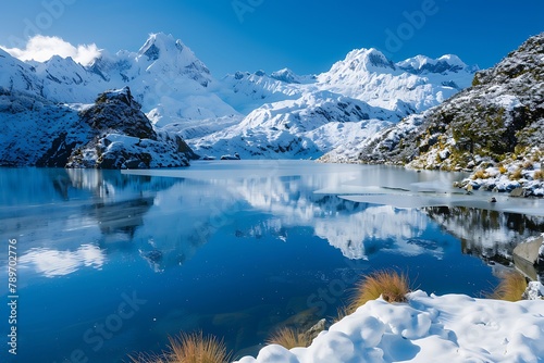 A tranquil lake surrounded by snow-capped peaks  its surface frozen in winter and dusted with a light layer of snow under a clear blue sky.