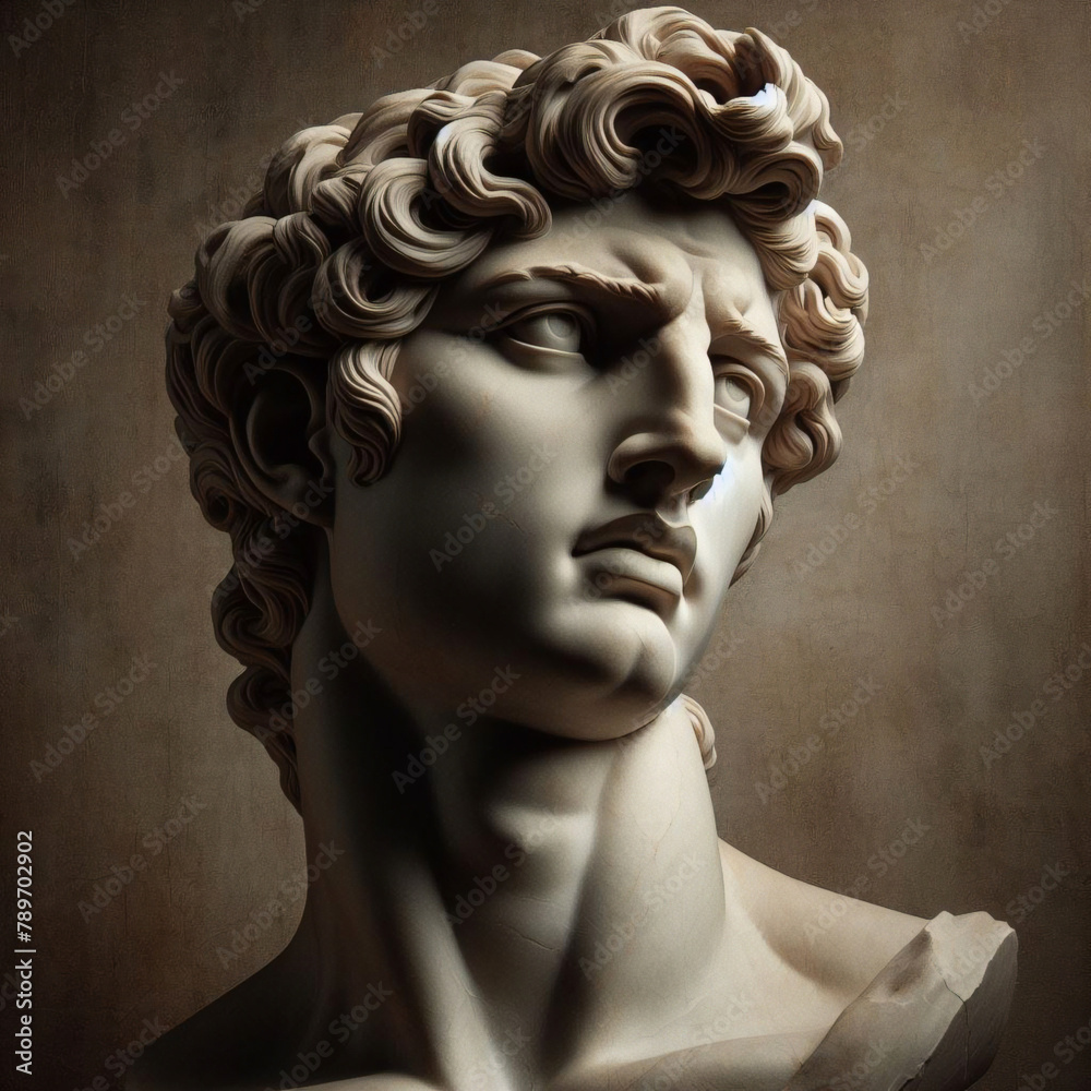 God Apollo bust sculpture. Ancient Greek god of Sun and Poetry Plaster copy of a marble statue isolated on black.