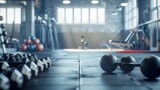 Blurred backdrop of an empty gym with dumbbells medicine balls and weightlifting machines highlighting the potential for individualized workouts and progress. .