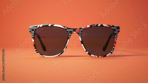 Blank mockup of classic rectangular sunglasses with a patterned frame and polarized lenses . photo