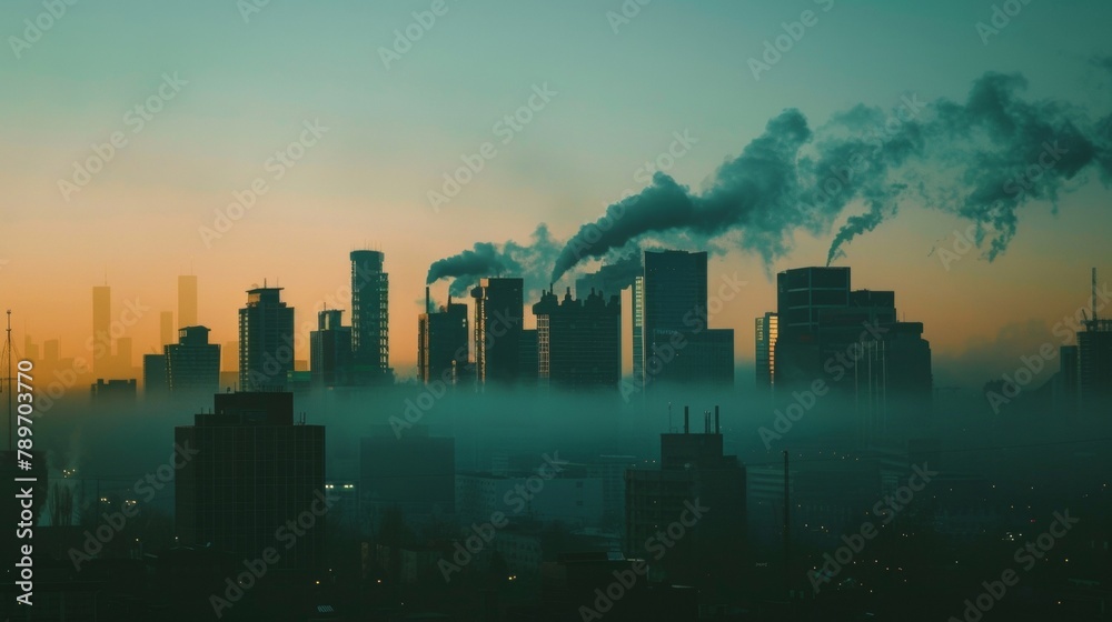 A clean modern city skyline illustrating how the use of biofuels can significantly reduce air pollution and contribute to a healthier environment for future generations. .
