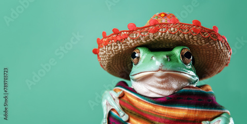 A Mexican frog wearing a traditional sombrero hat and clothing © ink drop