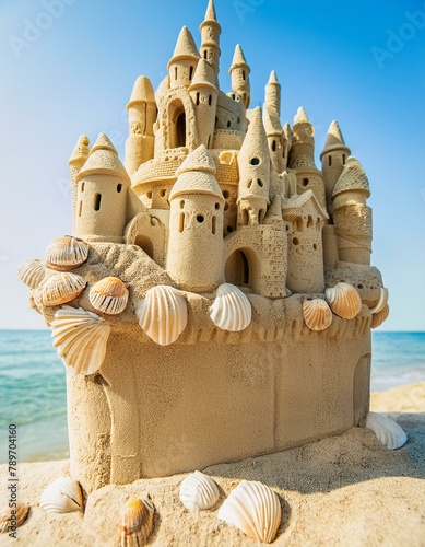 A higlhy detailed sand sculpture of an artistic fairy tale castle sea decorated with shells and sea stars near the shore on a bright sunny summer day photo