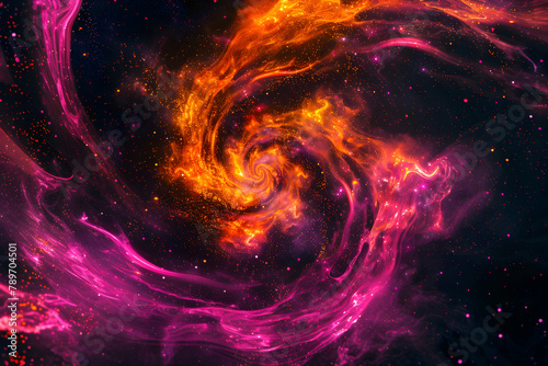Vibrant neon galaxy with pink and orange cosmic swirls. Stunning abstract artwork.