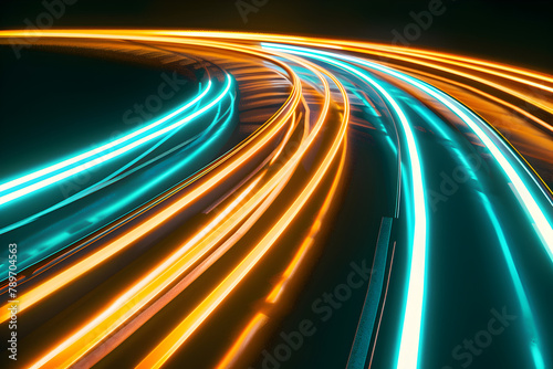 Luminous neon lines with cyan and yellow glowing streaks. Striking abstract art piece.