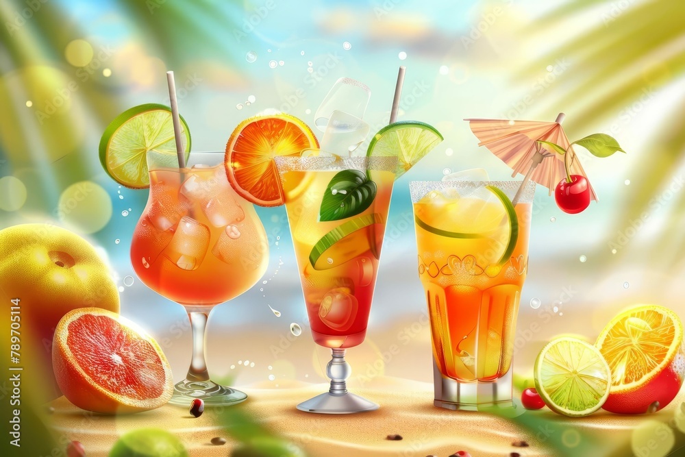 refreshing summer cocktail with tropical fruits realistic vector