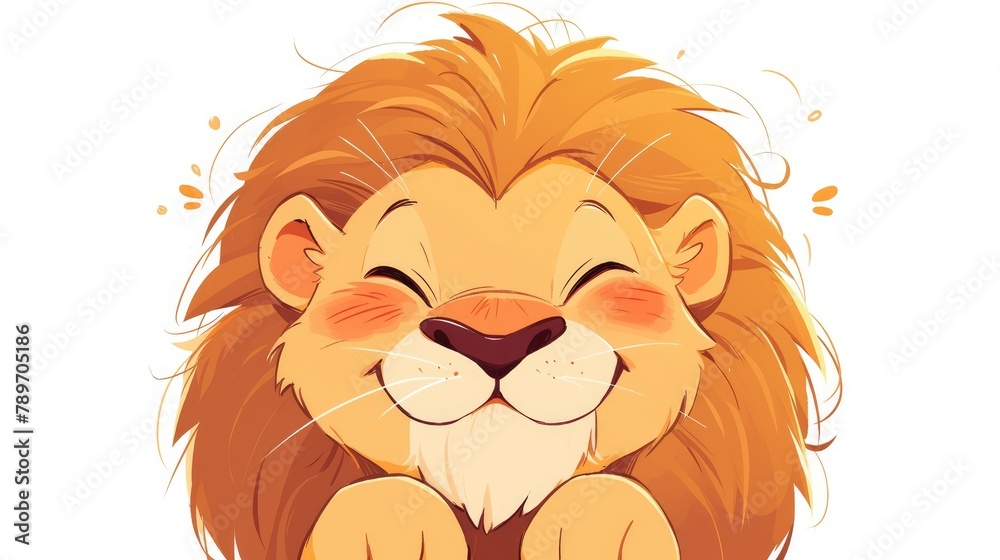 A cheerful lion cartoon all smiles stands alone against a clean white backdrop
