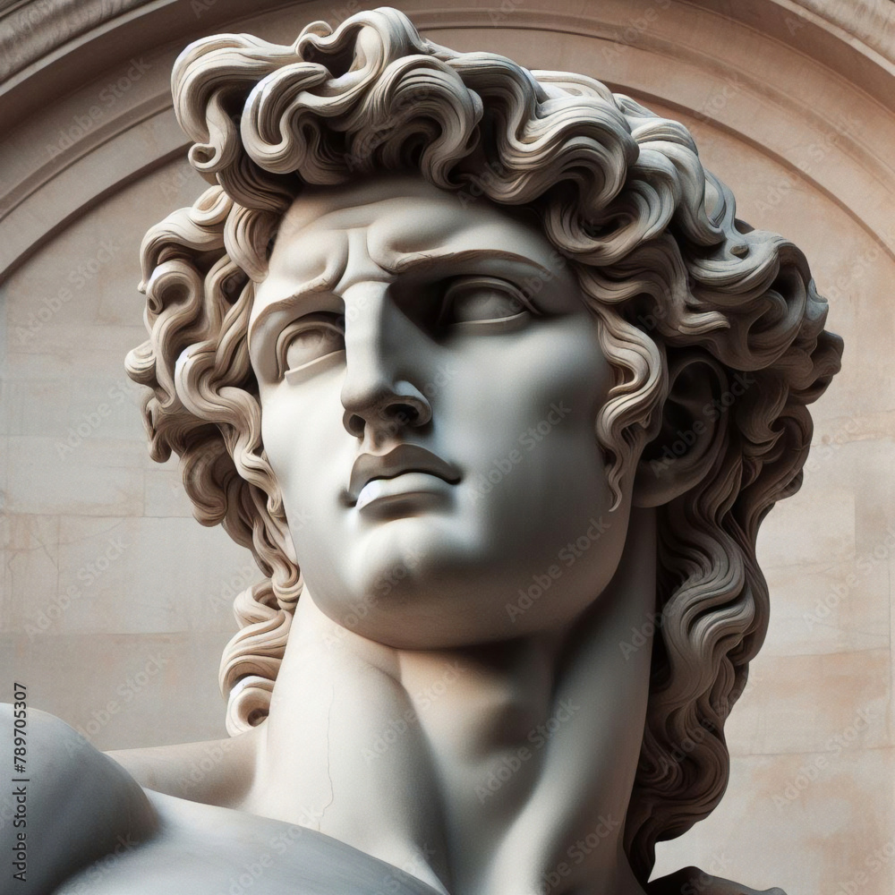 God Apollo bust sculpture. Ancient Greek god of Sun and Poetry Plaster copy of a marble statue isolated on black.