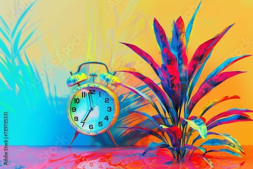 retro alarm clock and vibrant plant on colorful abstract background creative still life digital illustration