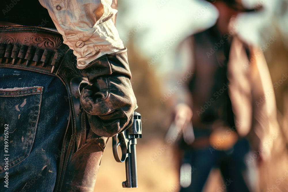 Cowboy prepares on gun fight, duel face to face in