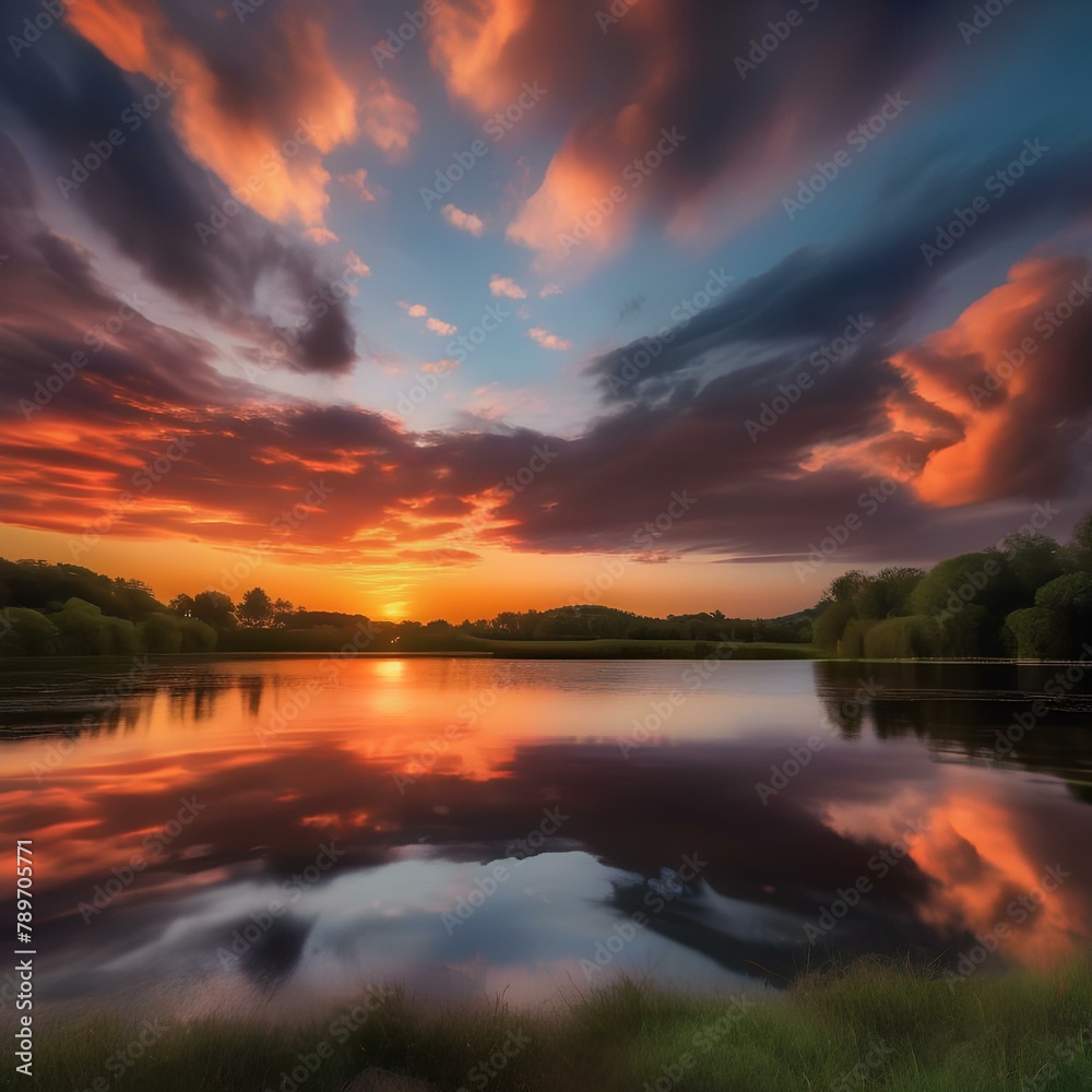 A dramatic sunset over a tranquil lake, with the sky painted in vivid colors2