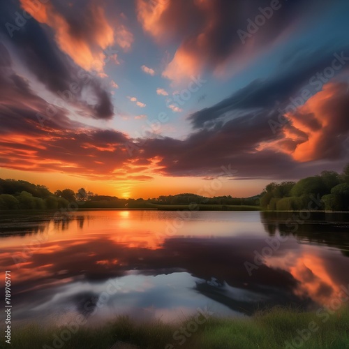 A dramatic sunset over a tranquil lake, with the sky painted in vivid colors2