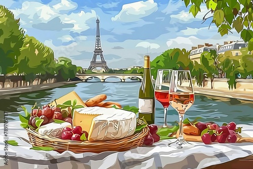 romantic picnic by the seine river in paris cheese platter and wine vector illustration