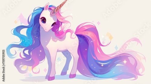 A delightful cartoon unicorn showcasing a vibrant mane and tail set against a white background This charming image is a 2d illustration
