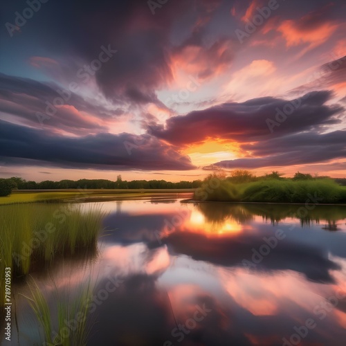 A dramatic sunset over a tranquil lake, with the sky painted in vivid colors1 photo