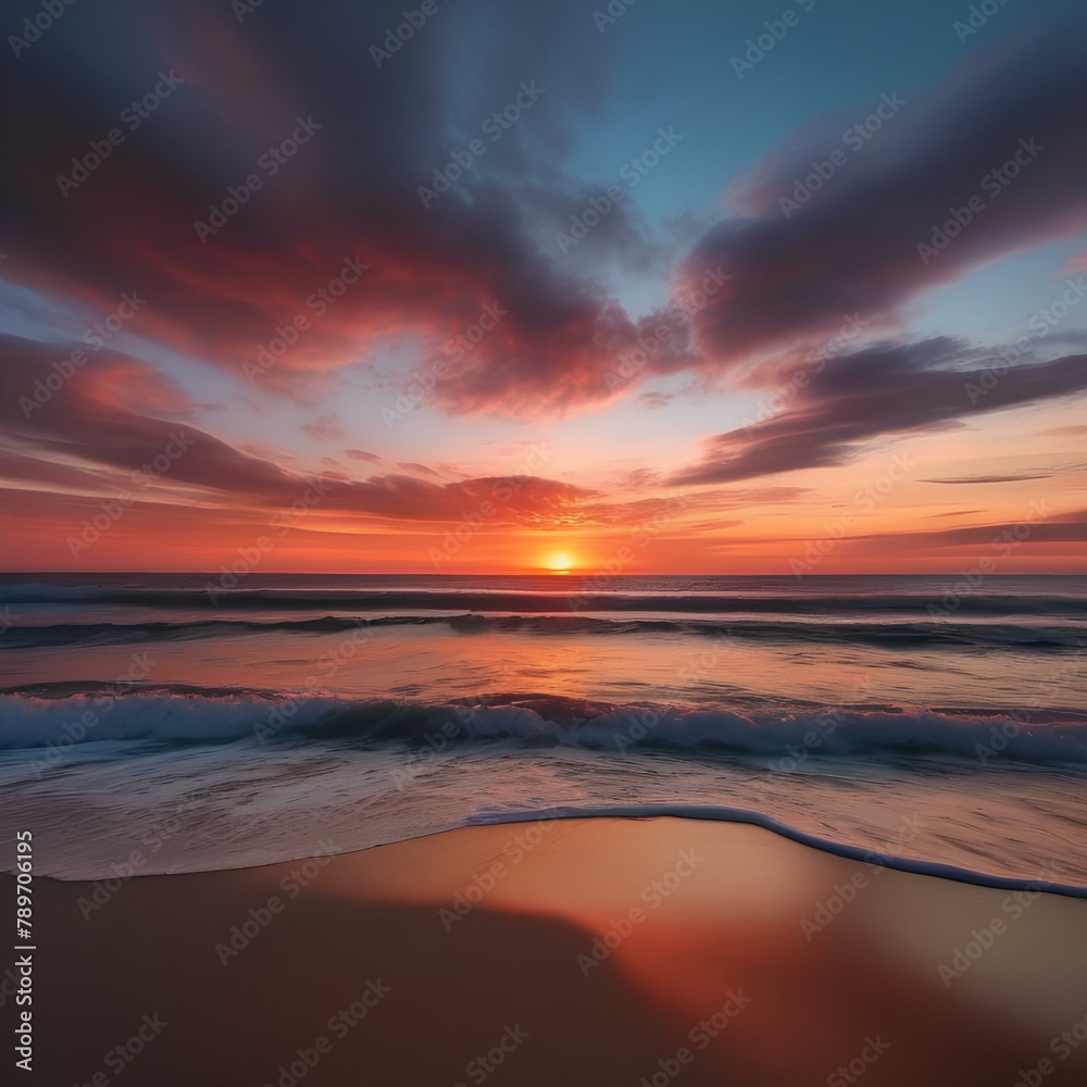 A dramatic sunset over a calm ocean, with the sky ablaze in fiery colors4