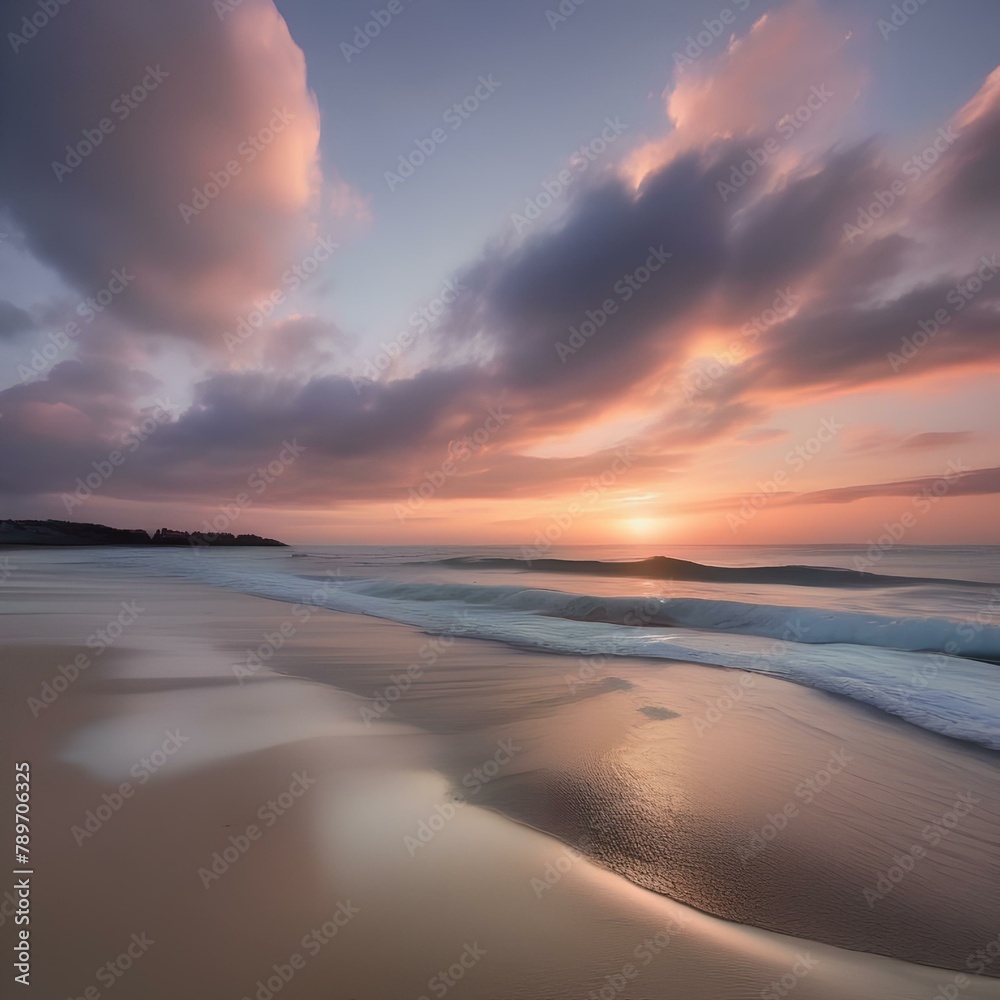 A serene beach at sunrise, with the sky painted in soft pastel colors3