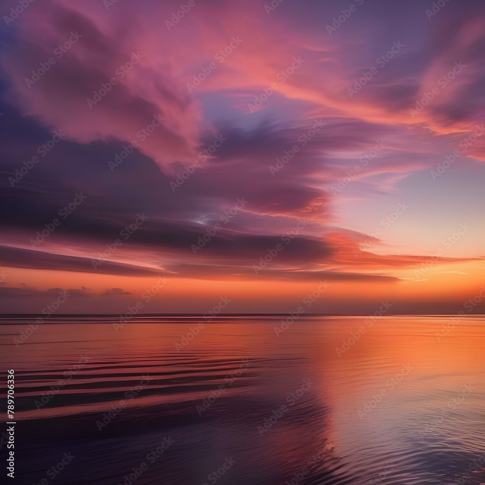 A dramatic sunset over a calm ocean, with the sky painted in shades of orange, pink, and purple3