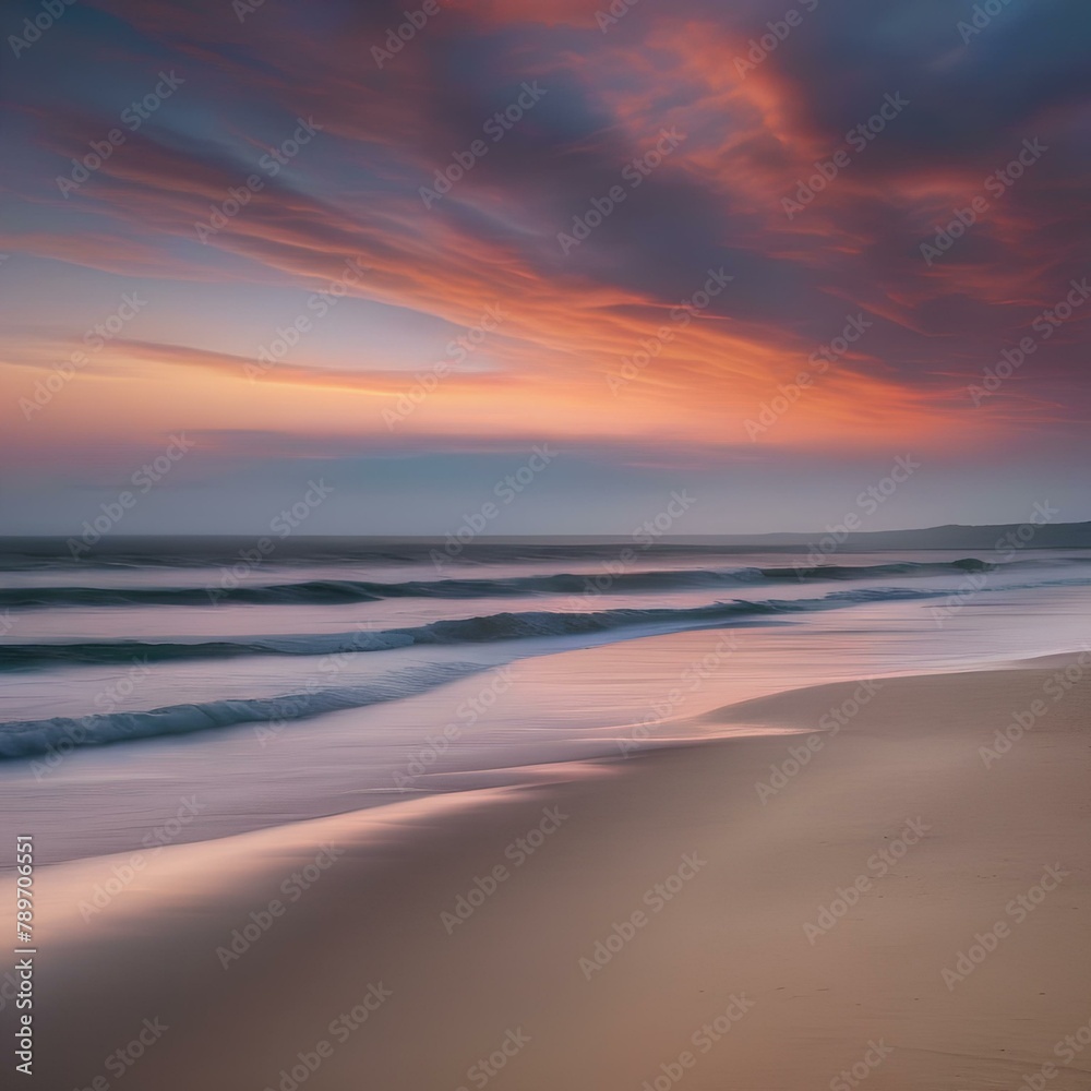 A serene beach at sunrise, with the sky painted in soft pastel colors2