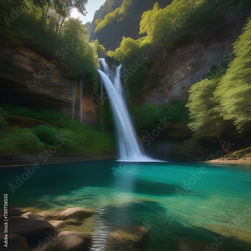 A majestic waterfall cascading down a rocky cliff into a crystal-clear pool below4