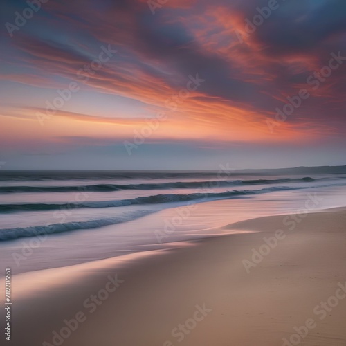 A serene beach at sunrise  with the sky painted in soft pastel colors2