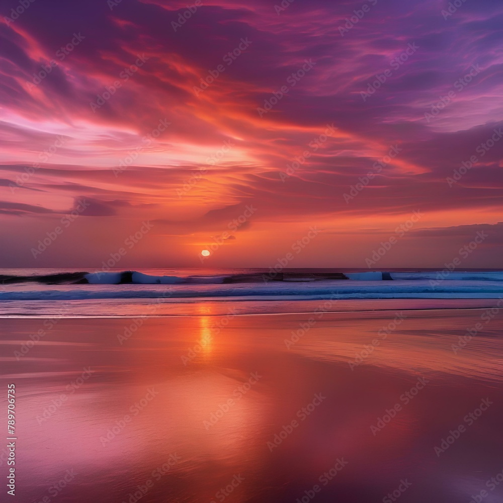 A dramatic sunset over a calm ocean, with the sky painted in shades of orange, pink, and purple1