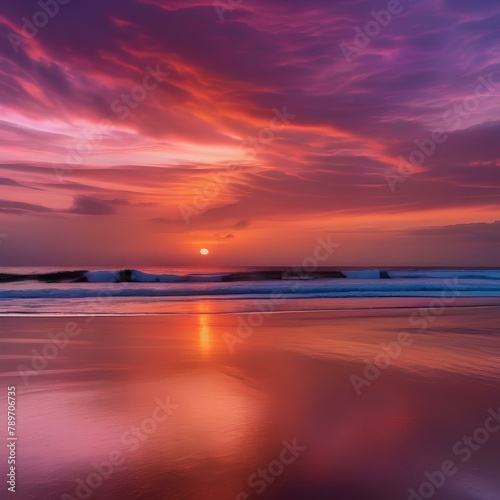 A dramatic sunset over a calm ocean  with the sky painted in shades of orange  pink  and purple1