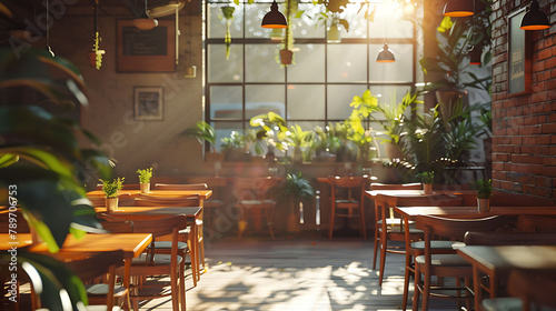 Interior of a modern urban restaurant in the morning sunlight