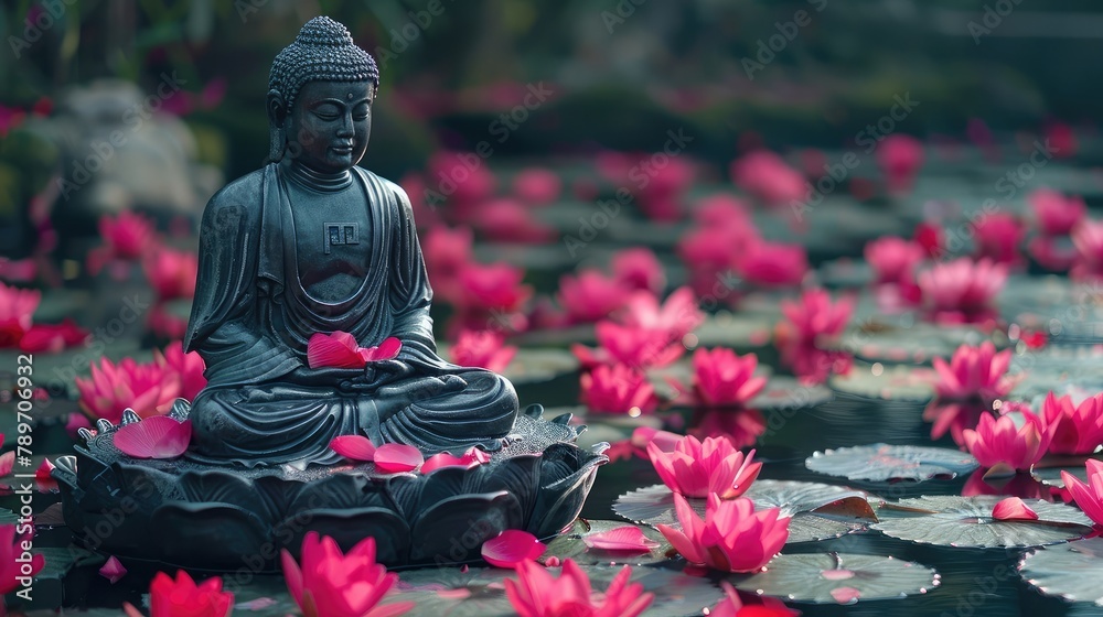 tranquil Zen garden featuring a Buddha statue amidst a sea of pink lotus petals, symbolizing purity, transcendence, and the path to awakening. tranquil Zen garden featuring a Buddha statue amidst a sea of pink lotus petals, symbolizing purity, transcendence, and the path to awakening.
