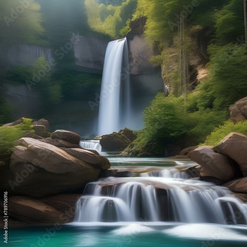 A majestic waterfall cascading down a rocky cliff into a crystal-clear pool below2