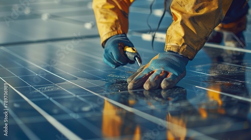 Securing a solar panel with precision. Engineer's hands and advanced tools.. © Siasart Studio