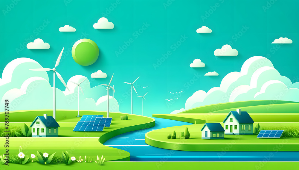 Sustainable Future: Illustrations of Green Energy, Renewable Resources, and Eco-Friendly Transportation with Space for Text
