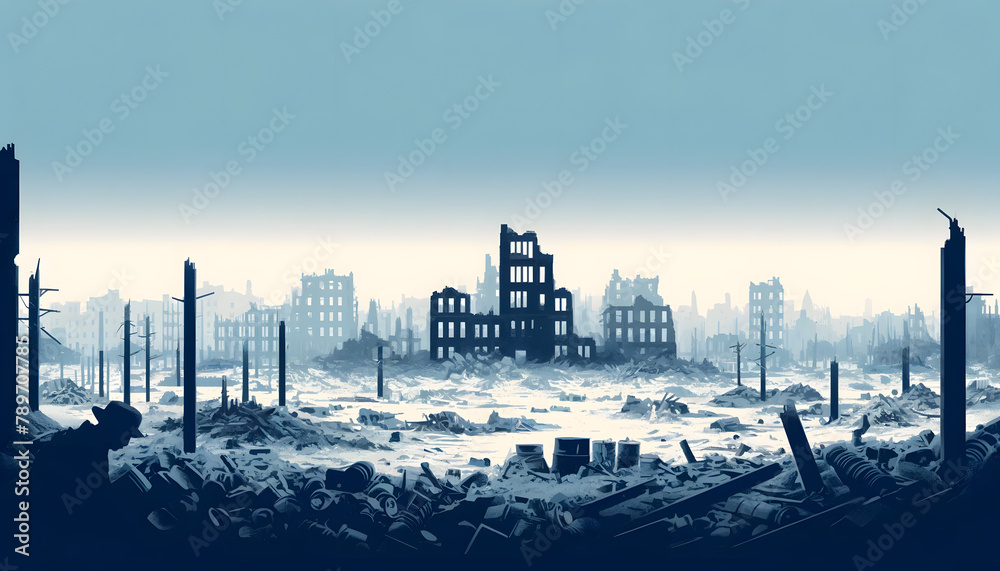 Fototapeta premium Echoes of Conflict: Minimalistic Depictions of a War-Ravaged City and Battlefield